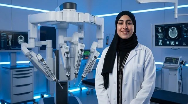Saudi Female Doctor with Robotic Surgical System Saudi Female Doctor with Robotic Surgical System