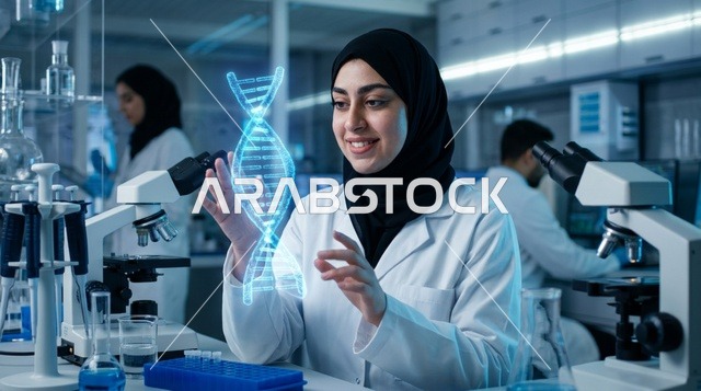 عالمة عربية تبحث في مجسم الحمض النووي بالمختبر