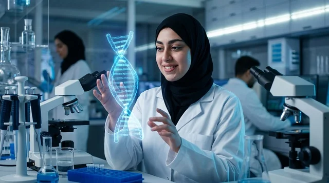 عالمة عربية تبحث في مجسم الحمض النووي بالمختبر