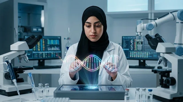عالمة سعودية تبحث في مجسم الحمض النووي داخل مختبر حديث