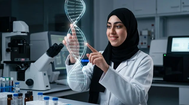 عالمة عربية محجبة مع هولوجرام الحمض النووي في المختبر