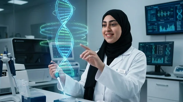 عالمة عربية تتفاعل مع مجسم هولوغرام للحمض النووي في المختبر