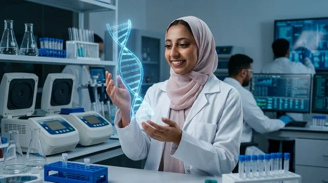 عالمة عربية محجبة مع هولوغرام الحمض النووي بالمختبر