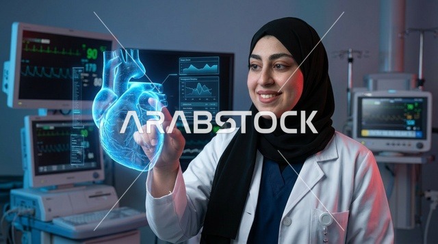 طبيبة عربية تحلل مجسم قلب ثلاثي الأبعاد في المستشفى