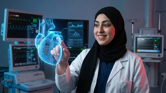 Arab Female Doctor Analyzing 3D Heart Hologram in Hospital