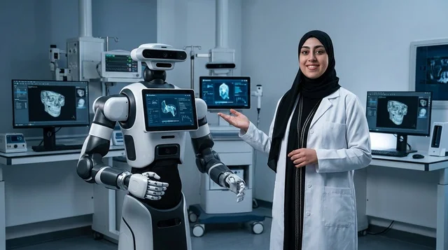 An Arab doctor with a robotic surgery device in the hospital. An Arab doctor with a robotic surgery device in the hospital.