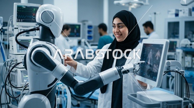 طبيبة عربية مع جهاز الجراحة الروبوتية في المستشفى