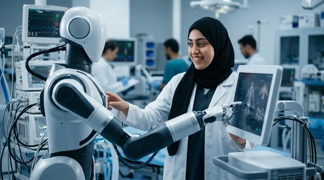An Arab doctor with a robotic surgery device in the hospital. An Arab doctor with a robotic surgery device in the hospital.