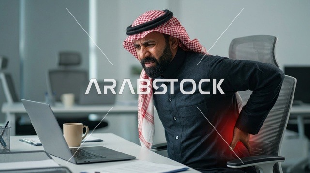 رجل أعمال سعودي يعاني من ألم في أسفل الظهر بالمكتب