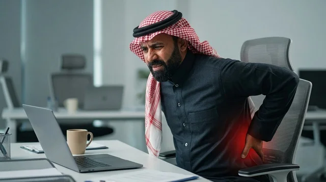 رجل أعمال سعودي يعاني من ألم في أسفل الظهر بالمكتب