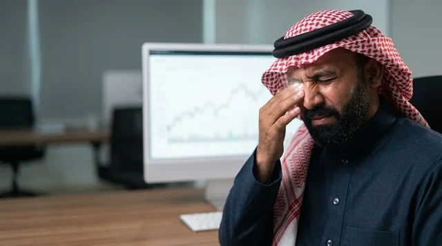 A Saudi businessman in pain suffering from eye pain in the office. A Saudi businessman in pain suffering from eye pain in the office.