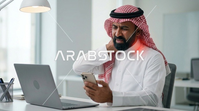 رجل سعودي يعاني من ألم في الرقبة أثناء العمل بالمكتب