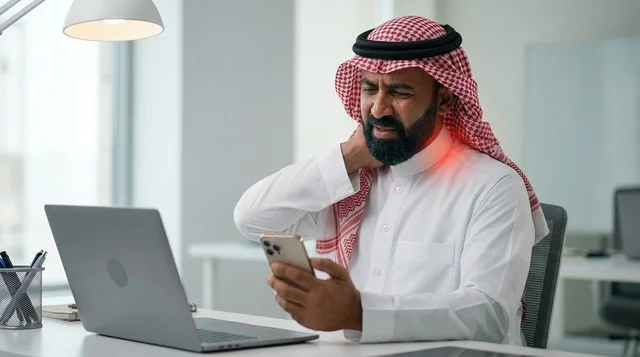 Saudi Man Experiencing Neck Pain at Modern Office Desk