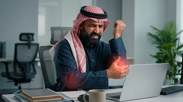 موظف سعودي يعاني من ألم الكوع أثناء العمل المكتبي
