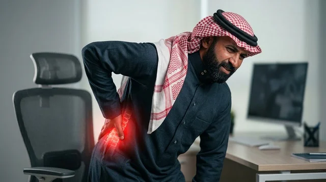 Saudi Businessman in Office with Lower Back Pain