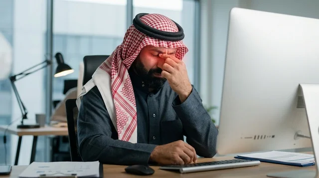 رجل أعمال سعودي متألم يعاني من وجع العيون في المكتب