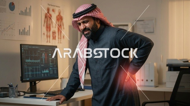 رجل سعودي يرتدي الزي التقليدي يعاني من ألم الظهر في المكتب