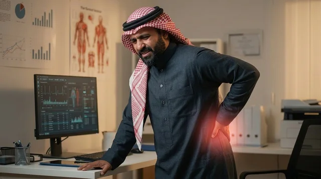 Saudi Man in Office Experiencing Severe Lower Back Pain