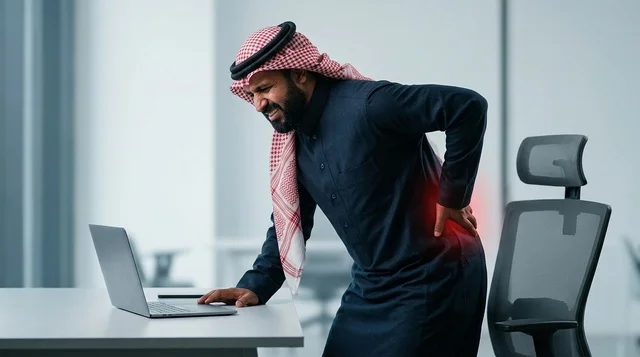 A Saudi man wearing traditional attire is suffering from back pain in the office. A Saudi man wearing traditional attire is suffering from back pain in the office.