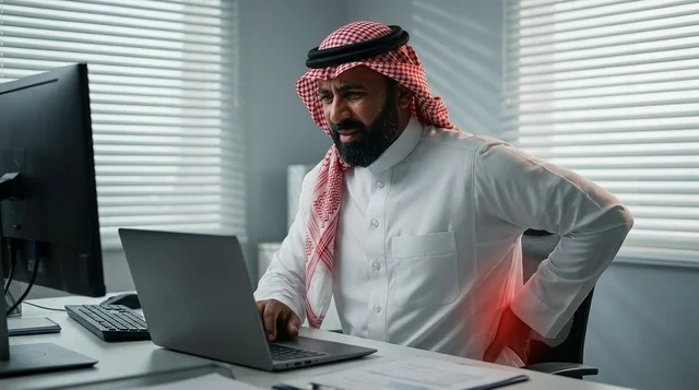 Saudi Businessman with Back Pain at Office Desk