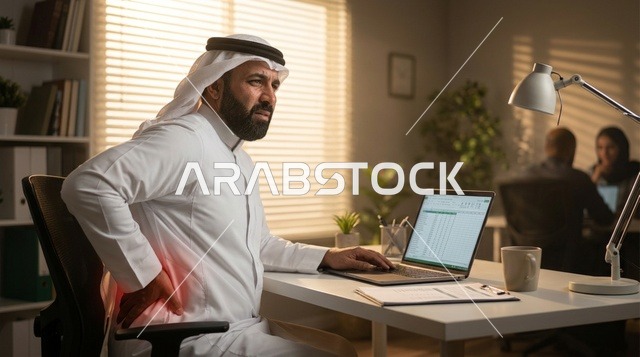 رجل أعمال سعودي يعاني من آلام أسفل الظهر في المكتب