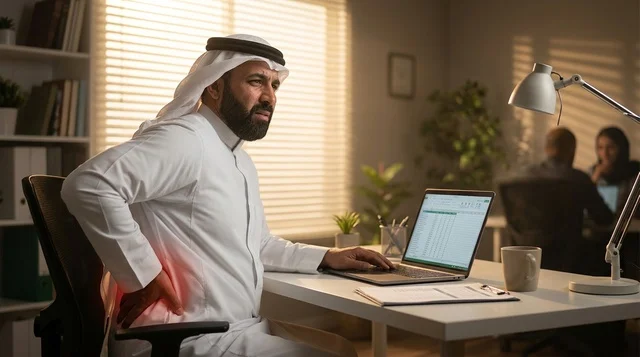 رجل أعمال سعودي يعاني من آلام أسفل الظهر في المكتب