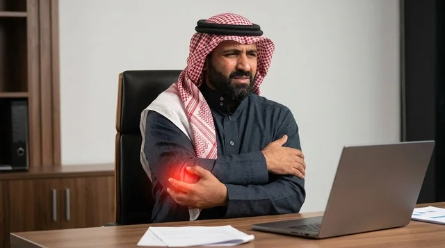 رجل أعمال سعودي يعاني من ألم في الكوع في مكتب العمل