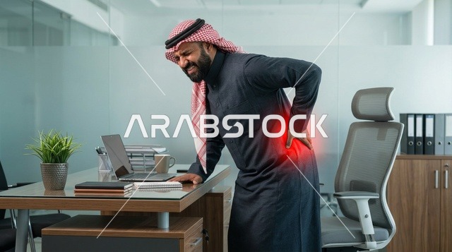 رجل أعمال سعودي يشعر بألم أسفل الظهر في المكتب الحديث