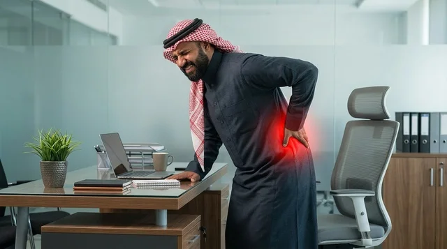 رجل أعمال سعودي يشعر بألم أسفل الظهر في المكتب الحديث