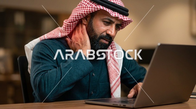 رجل سعودي يعاني من ألم الرقبة أثناء العمل بالمكتب