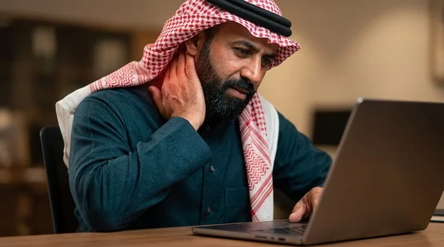 رجل سعودي يعاني من ألم الرقبة أثناء العمل بالمكتب