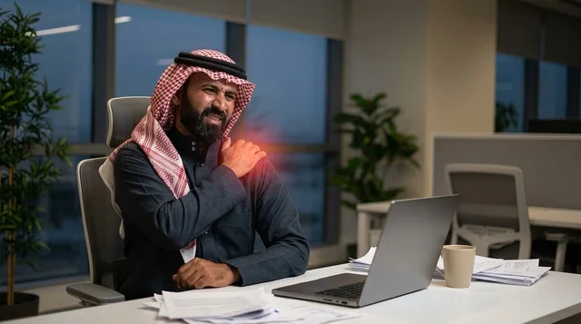 موظف سعودي يرتدي شماغ يعاني من ألم بالكتف في المكتب