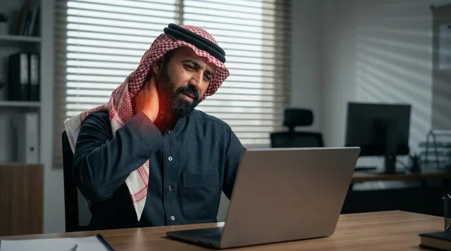 Saudi Businessman Experiencing Neck Pain at Office Desk Saudi Businessman Experiencing Neck Pain at Office Desk