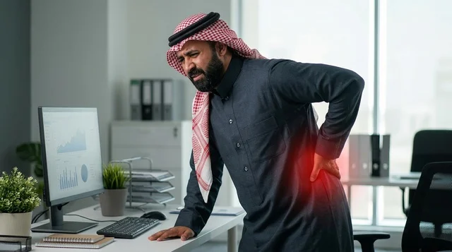 رجل أعمال سعودي يعاني من ألم أسفل الظهر في المكتب