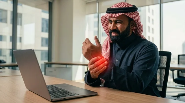 رجل أعمال سعودي يعاني من ألم المعصم في مكتب العمل