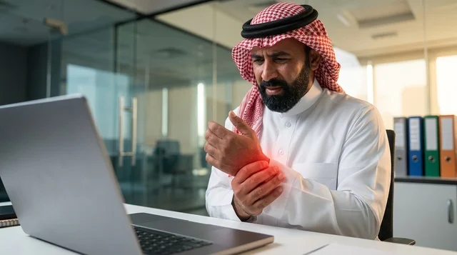 Saudi Businessman Having Wrist Pain At Office Laptop