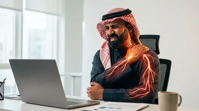 رجل أعمال سعودي يعاني من ألم الكتف الشديد في المكتب