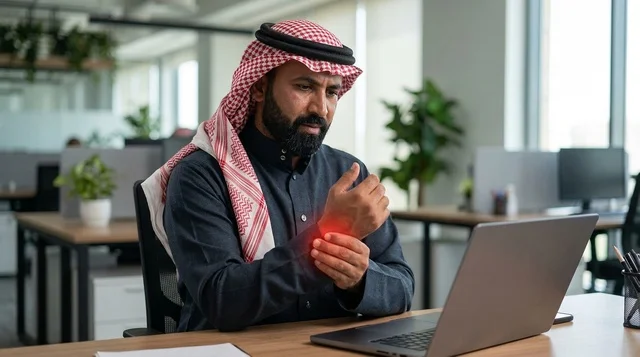 رجل أعمال سعودي يعاني من ألم المعصم في المكتب