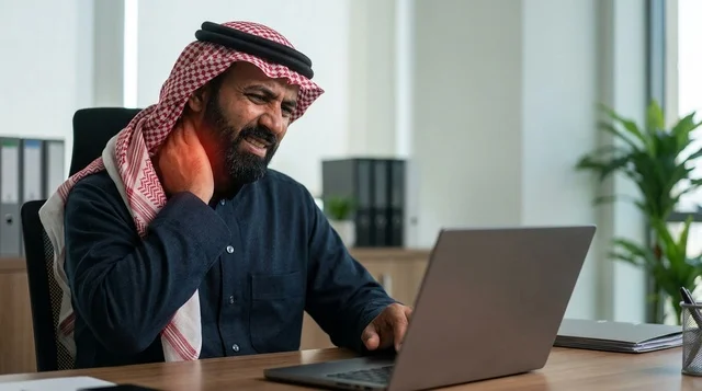 موظف سعودي بالزي التقليدي يعاني من ألم الرقبة