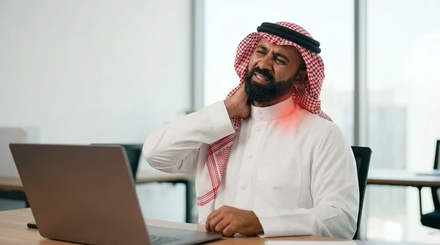 رجل أعمال سعودي يعاني من ألم في الرقبة بالمكتب