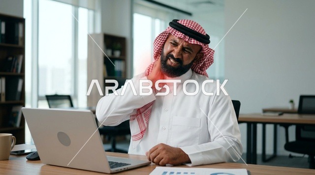رجل سعودي يعاني من ألم الرقبة في المكتب