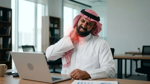 رجل سعودي يعاني من ألم الرقبة في المكتب