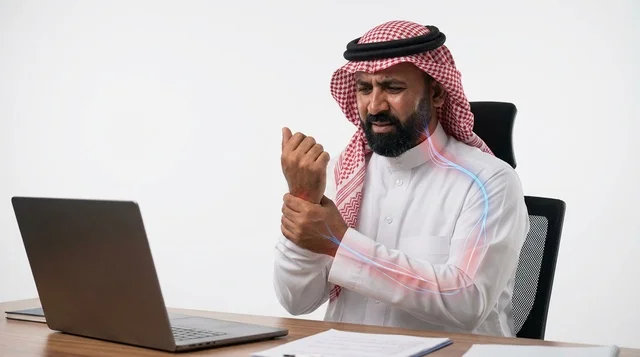 رجل أعمال سعودي يعاني من ألم في المعصم أمام الكمبيوتر
