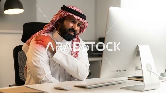 موظف سعودي بالزي التقليدي يعاني من ألم الكتف في المكتب