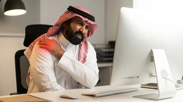 Saudi Man in Office Suffering from Severe Shoulder Pain Saudi Man in Office Suffering from Severe Shoulder Pain