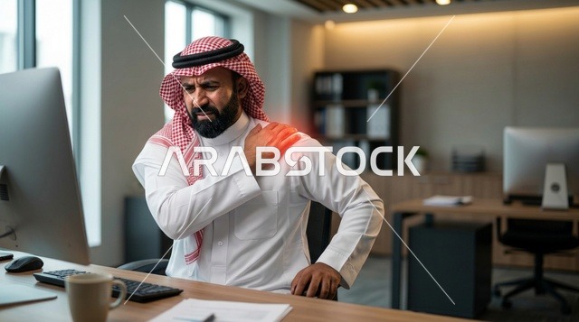 موظف سعودي يعاني من ألم الكتف في المكتب أمام الكمبيوتر