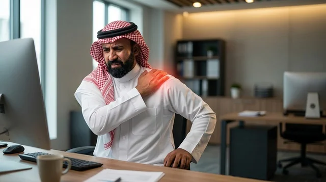 موظف سعودي يعاني من ألم الكتف في المكتب أمام الكمبيوتر