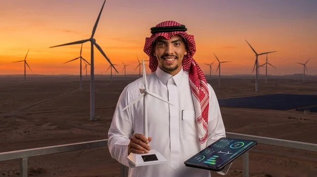 امرأة عربية في مزرعة توربينات الرياح عند الغروب
