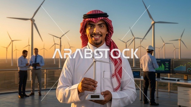 مهندس سعودي يحمل مجسم توربين رياح في موقع طاقة متجددة