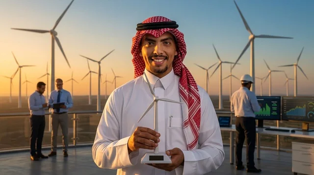 مهندس سعودي يحمل مجسم توربين رياح في موقع طاقة متجددة